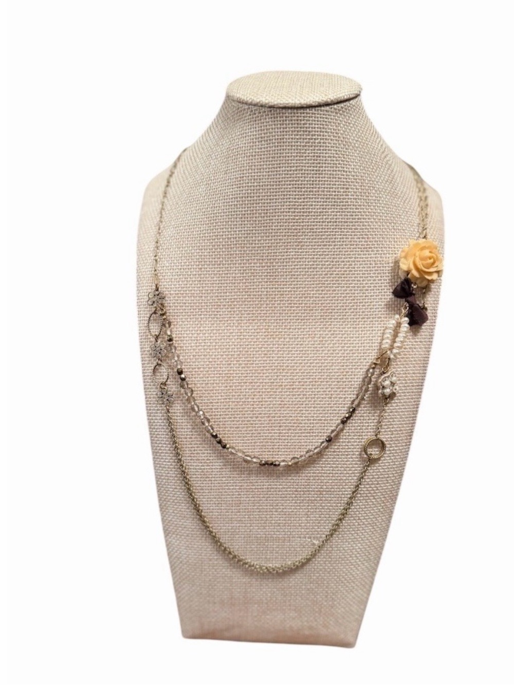 Jill Shwartz Elements Multi Strand Necklace Gold Tone Rose Charm Pearls Bow